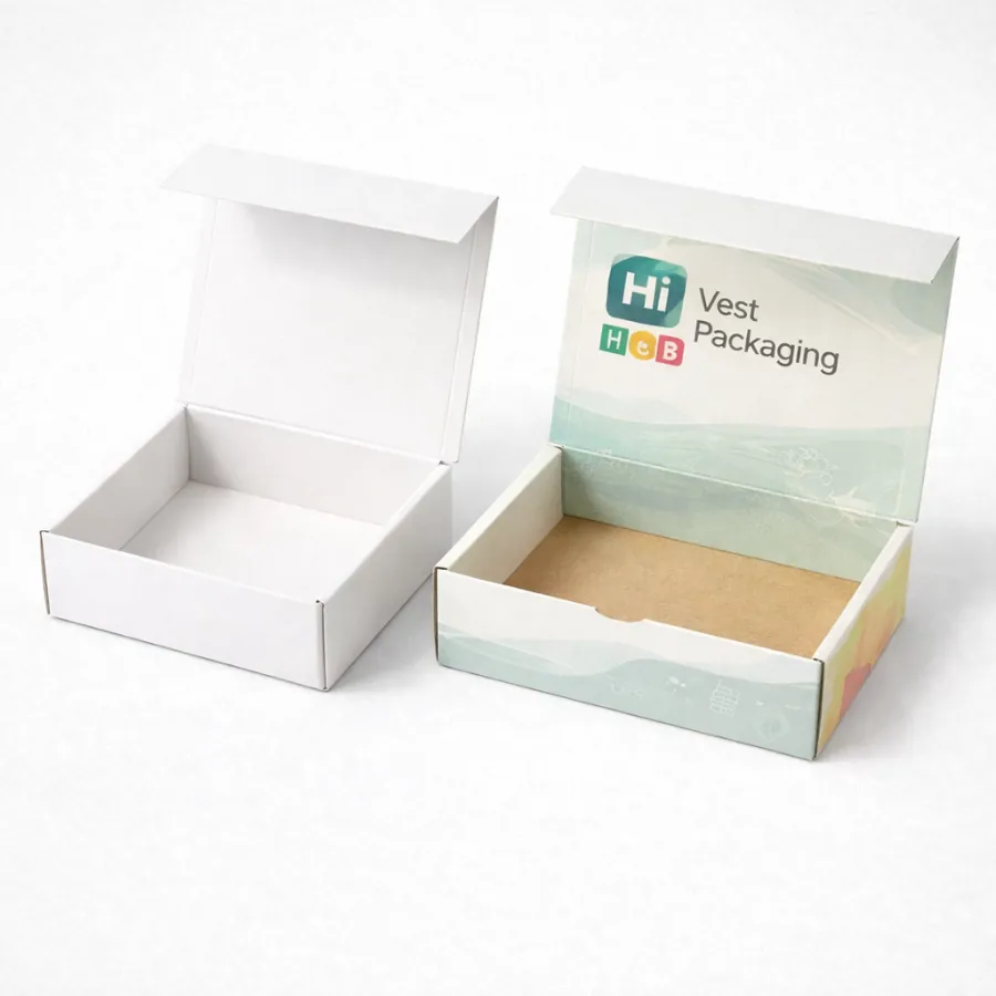 Two shallow white hinged-lid boxes- with one showing internal branding and a natural brown base- class=